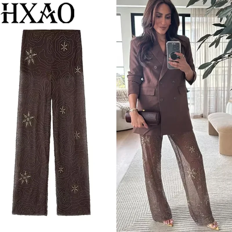 HXAO 여성 바지 2025 비즈 튤 팬츠 여성용 배기 시퀸 신상 봄 여름 세미 시어 여성 바지 088