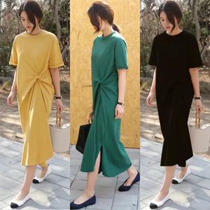 여름 반팔 티셔츠 여성용 루즈 롱 드레스 스커트 스타일 한국 버전 플러스 사이즈 슬림핏 무릎 길이 밀크 섬유 원단