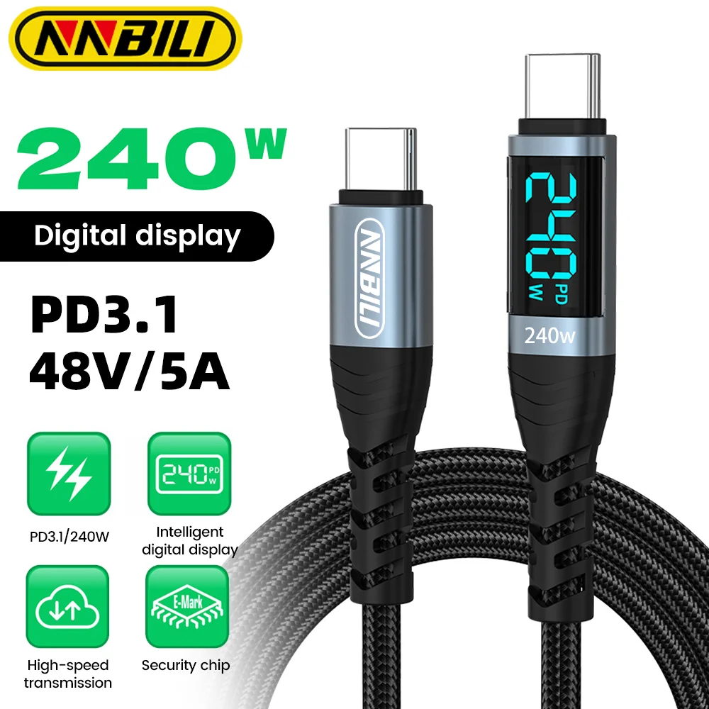 NNBILI 240W 디지털 디스플레이 케이블 C타입 to C타입 고속 충전 케이블 USB C 데이터 케이블 (아이폰 15, 16 Pro, 삼성, 아이패드, 노트북용)