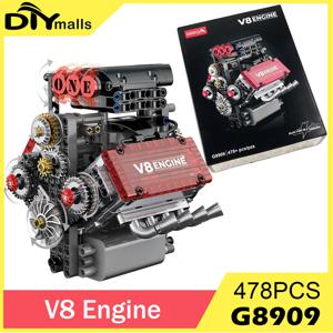 G8909 478개 부품 V8 엔진 기술 블록 세트 L 모터 자동차 모델 조립 블록 교육용 DIY 장난감 AA 배터리 박스 포함
