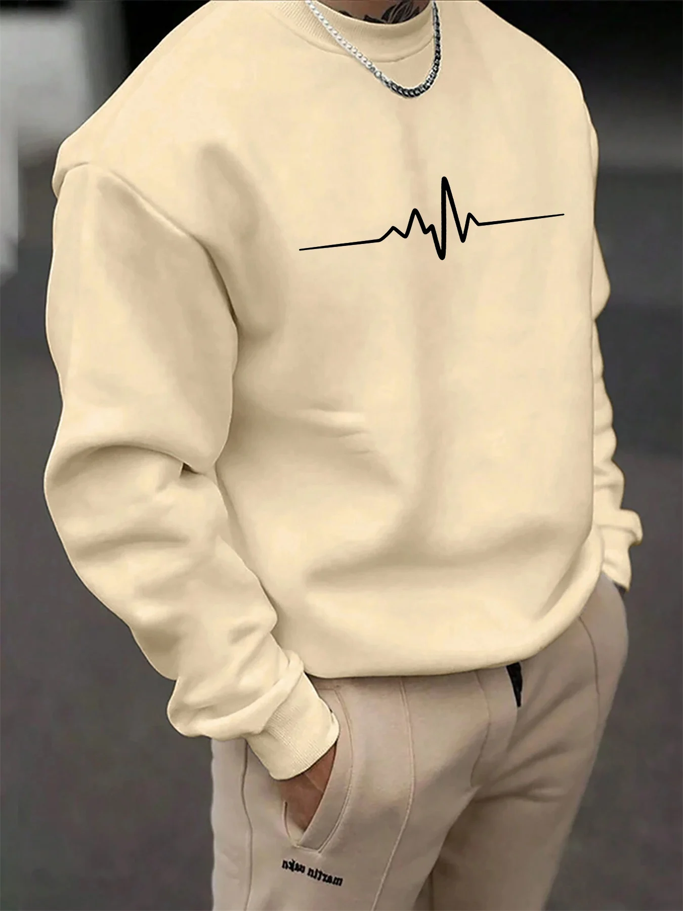 남성 가을, 겨울 세련된 캐주얼 루즈 ECG 심장 박동 그래픽 프린트 플리스 풀오버 긴팔 라운드 넥 스웨트 셔츠