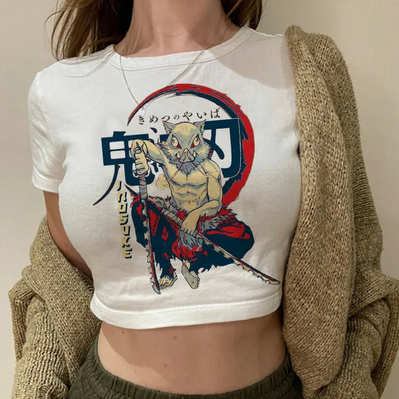 만화 Kimetsu No Yaiba 자르기 탑 악마 슬레이어 T 셔츠 여성 Y2k 90s Nezuko 일본 애니메이션 Tshirt Tanjirou Kamado Cropped 여성