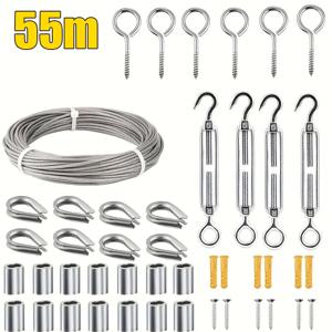 1개, 액세서리 포함, 코팅된 2.0mm 강철 와이어 로프, 15/25/30/55m 스테인레스 스틸 와이어 로프 세트, PVC 코팅 - 내구성 있는 304 등급, 보관 및 정리에 적합, 빨랫줄, 빨랫줄
