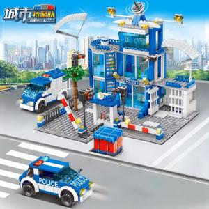 도시 경찰서 빌딩 블록 그룹 소년 DIY 자동차 벽돌 경찰서 모델 빌딩 어린이 교육 장난감 선물