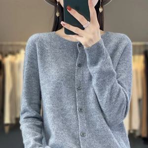 100% 순수 울 카디건 봄과 가을 새로운 캐시미어 스웨터 여성 오 넥 카디건 따뜻한 니트 바닥 셔츠