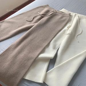 가을, 겨울 새로운 하이 웨이스트 루즈 울 니트 와이드 레그 바지 여성용 스트레이트 레그 와이드 레그 모페드 바지 착용