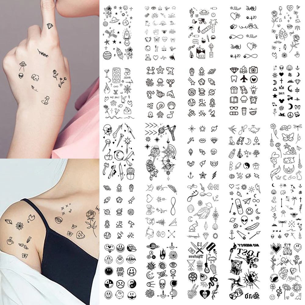 10pcs 방수 임시 문신 스티커 사랑 이모티콘 문 태양 라인 해골 행성 문신 손목 가짜 문신 바디 아트 여성 남성