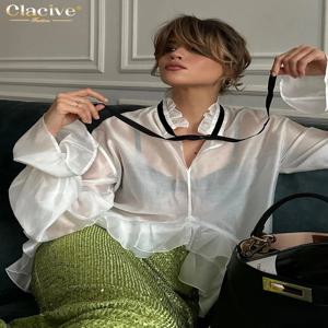 Clacive 섹시한 느슨한 흰색 여성 셔츠 2024 패션 프릴 칼라 긴 소매 블라우스 우아한 탑 여성 의류를 통해 볼