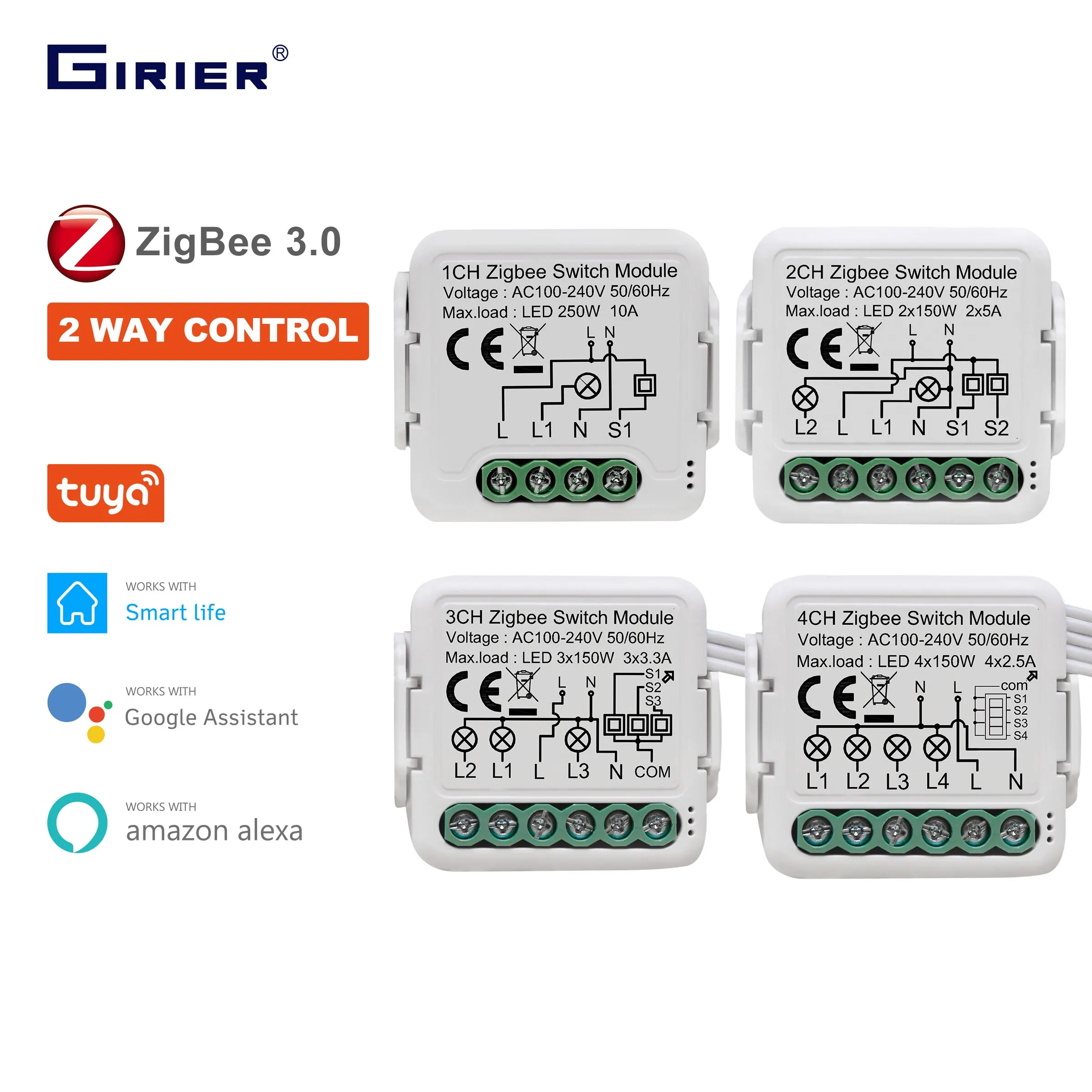 GIRIER 투야 지그비 3.0 스위치 모듈, 스마트 홈 DIY 차단기, 1 2 3 4 갱, 양방향 제어 지원, 알렉사 구글 홈과 작동, 10A