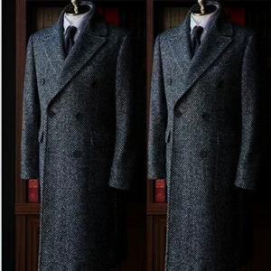 겨울 남성 트렌치 코트 긴 짙은 회색 헤링본 울 혼합 더블 브레스트 정장 재킷 Groomsman Overcoat 캐주얼 맨 블레이저