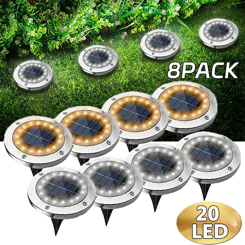 야외 정원 태양광 디스크 조명, 지하 조명, 갑판 조명, 스포트라이트, 매장 태양광 LED 램프, 정원 장식, 8 LED, 20LED