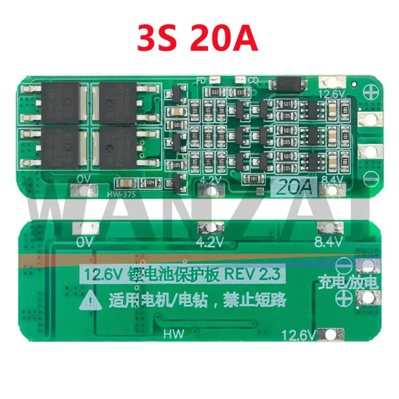 3S 20A 리튬 이온 리튬 배터리 18650 충전기 PCB BMS 보호 보드 드릴 모터 12.6V Lipo 셀 모듈 64x20x3.4mm