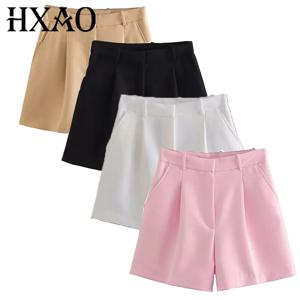 HXAO 여성용 반바지 블랙 핑크 반바지 여성 여름 2024 플리츠 배기 화이트 반바지 여성 캐주얼 하이웨이스트 숏팬츠