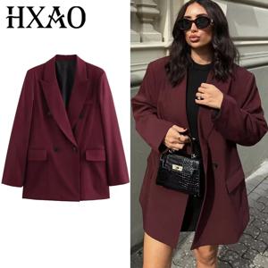 HXAO 여성 블레이저 아우터웨어 오피스웨어 여성 정장 재킷 가을 긴 소매 버건디 블레이저 포멀 여성 미니멀리스트 블레이저