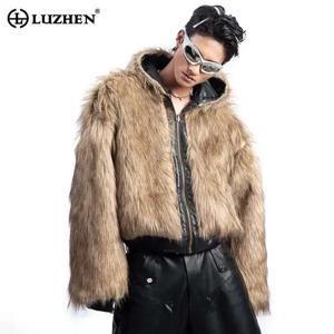 LUZHEN 짧은 아메리칸 스타일 가짜 모피 코트 2024 새로운 가역 착용 후드 따뜻한 우아함 남성 Pu 가죽 패딩 재킷 겨울