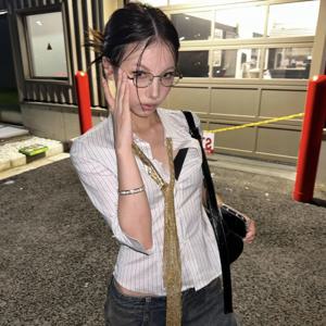 Deeptown Y2k 빈티지 스트라이프 여성 셔츠, 하라주쿠 반팔, 한국 패션 블라우스, 갸루 슬림, 우아한 오피스 레이디 용수철