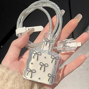 투명 빛나는 Bowknot 핸드폰 충전기 보호 케이스 슬리브 Apple IPhone 20W 레이저 케이블 와인더 와이어 프로텍터