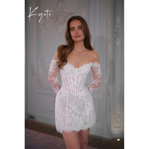 교토 맞춤형 아이보리 절묘한 레이스 Aplliques 웨딩 드레스 레이스 업 긴 소매 فستان زفاف 미니 칼집 애프터 파티