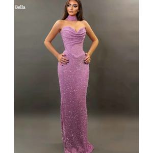 벨라 커스터마이즈 핑크 스팽글 스트랩리스 백리스 로브 드 소아르 슬리브리스 A라인 프롬 드레스 플로어-길이 웨딩 드레스 2025