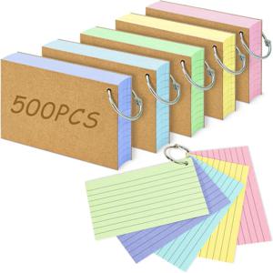 500개 컬러 인덱스 카드 3x5인치 링 플래시 카드 양면 룰드 노트 카드 그리드 룰드 학습 카드 헤비 듀티 노트 카드