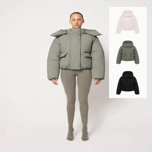 올리브 그린 빵 모양 코트, 라이트 핑크 무광 새틴 코튼 코트 탈부착 가능한 모자 포함