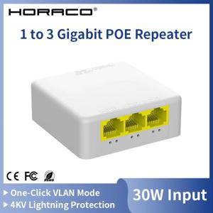 HORACO 4 포트 기가비트 POE 익스텐더 1000M 네트워크 스위치 리피터 PoE 스위치 NVR IP 카메라 AP용 IEEE802.3af/at 플러그 앤 플레이