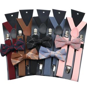 코튼 격자 무늬 레드 블루 Bowtie 멜빵 세트 남성 여성 턱시도 정장 남여 교정기 나비 결혼식 조정 가능한 Y 백 브레이스 벨트