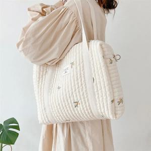 귀여운 곰 꽃 자수 패턴 아기 베이지 코튼 원단 지퍼 기저귀 핸드백 새로운 수하물 가방