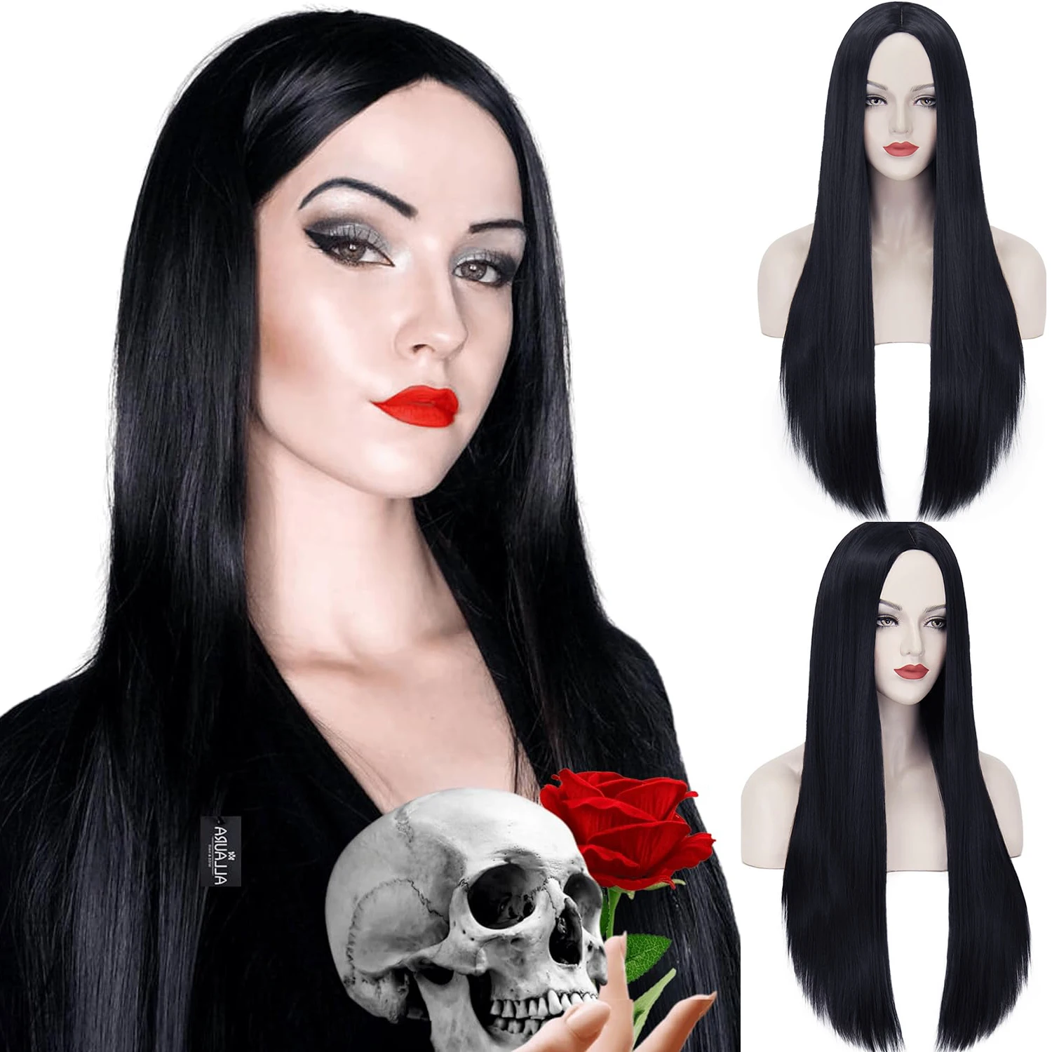 여성용 긴 검은 가발, Morticia Addams 코스튬, Cher 코스튬 할로윈 가발, 70 년대 파티 마녀 코스튬 가발