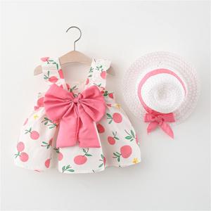 2 개/대 여름 소녀 드레스 아동 의류 새로운 작은 서스펜더 활 오렌지 인쇄 조끼 스커트 모자 선물로