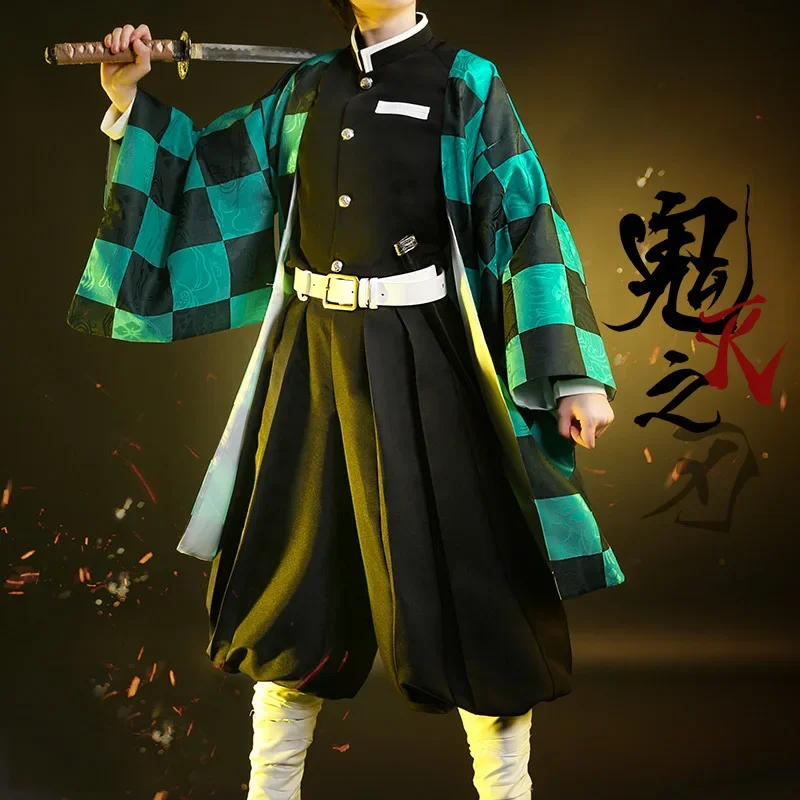 애니메이션 Tanjirou Kamado 코스프레 악마 슬레이어 Kimetsu no Yaiba 코스프레 의상 가발 마스크 기모노 망토 할로윈 유니폼 성인 키즈