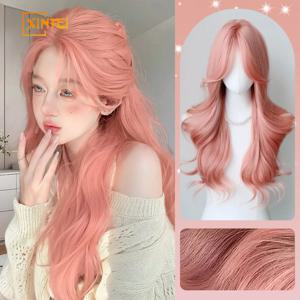 XINFEI 긴 핑크 웨이브 가발, 합성 여성 로리타 코스프레, 데일리 파티용 푹신한 내추럴 헤어 가발