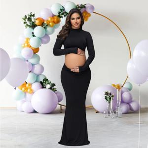 출산 모크넥 긴팔 상의, 슬림 맥시 스커트, 사진 촬영 복장, 웨딩 파티, 임신 의류, 2 개 세트