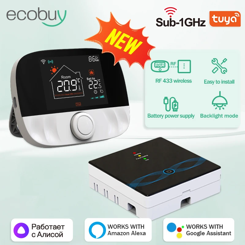Tuya 무선 난방 온도 조절기 스마트 WiFi 온도 조절기 가스 보일러 배터리 구동 온도 컨트롤러 수신기 Alice Google