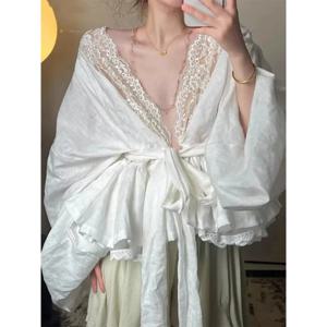 우아한 레이스 셔츠 여성 빈티지 섹시한 V 넥 붕대 블라우스 여름 요정 한국어 패치 워크 긴 소매 캐주얼 디자인 탑 새로운