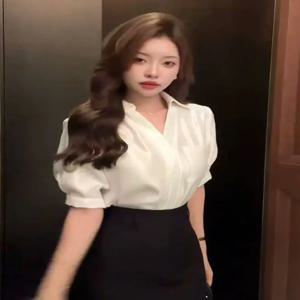 여름 흰색 반팔 셔츠 2025 새로운 v 넥 쉬폰 탑 우아한 사무실 레이디 의류 탑 하이 엔드 셔츠 패션 블라우스 세련된