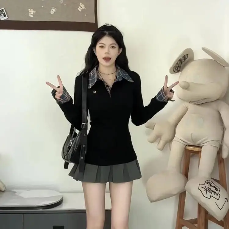 아메리칸 스타일 긴팔 폴로넥 티셔츠 여성 슬림핏 자수 패셔너블 솔리드 컬러 출퇴근 스타일 가을 의류