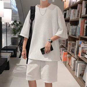 남성용 아이스 실크 반팔 스포츠웨어 세트 여름 캐주얼 피트니스 의상 반바지 오부 길이 청소년 사이즈