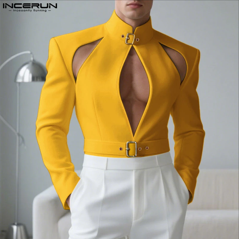 INCERUN 남성 블레이저 솔리드 스탠드 칼라 긴 소매 속이 빈 남성 정장 스트리트웨어 개성 패션 캐주얼 블레이저 벨트 포함