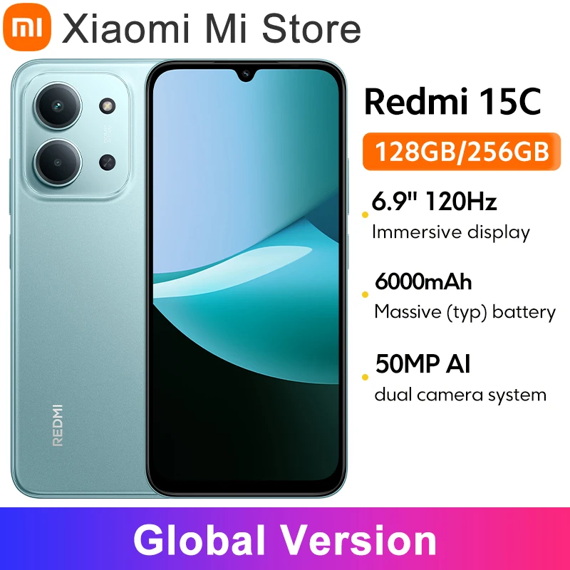 샤오미 레드미 15C 글로벌 버전 스마트폰 50MP 메인 카메라 120Hz 6.9인치 도트 드롭 디스플레이 33W 충전 미디어텍 헬리오 G81-울트라