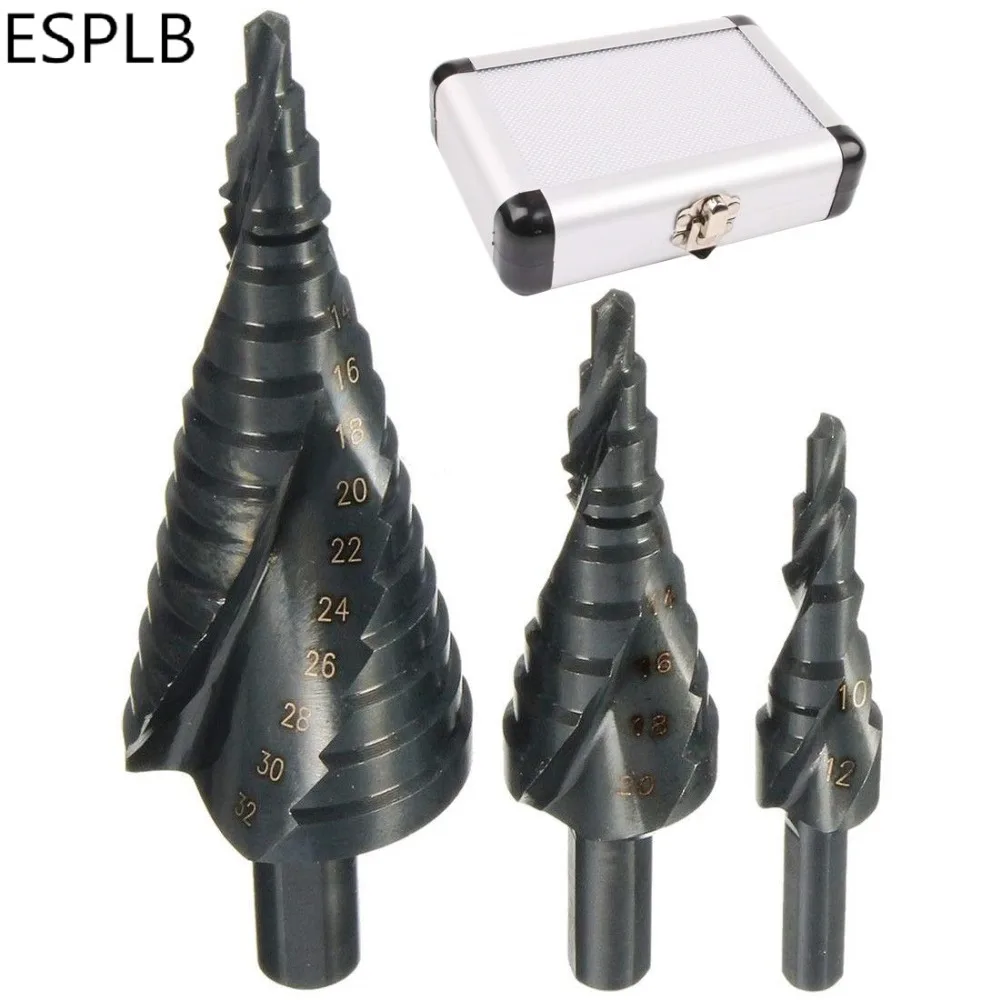 ESPLB 3pcs HSS 코발트 스텝 드릴 비트 4-32MM 고속 강철 질소 나선형 삼각형 생크 드릴 비트 금속 콘 세트