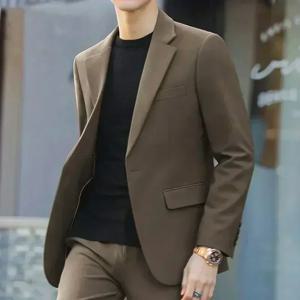 S-6XL 남성 비즈니스 캐주얼 세트, 한국 스타일 트렌디 슬림핏 2 종 세트, 단색 블레이저 + 바지, 신랑 웨딩 원피스 파티