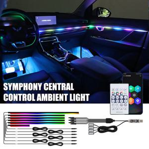 자동차 LED 앰비언트 라이트, USB 64 색 아크릴 스트립, 110cm 풀 컬러 RGB 자동차 인테리어 숨겨진 앱 리모컨 분위기 램프