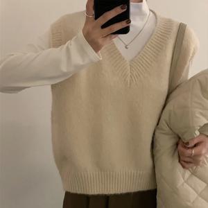 민소매 가을 겨울 풀오버 니트 여성 스웨터 조끼 새로운 패션 V 넥 캐주얼 루즈 우아한 니트 바닥 탑