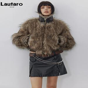 Lautaro 가을 겨울 짧은 따뜻한 두꺼운 털이 얽히고 설킨 패치 워크 가짜 너구리 개 모피 코트 여성 지퍼 럭셔리 털이 자켓 2024