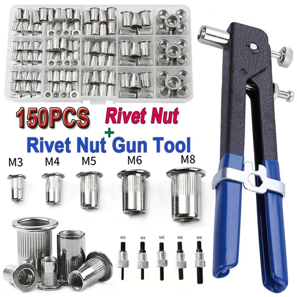 150PCS 리벳 너트 건 맨드릴 키트 M3/M4/M5/M6/M8 또는 너트 리벳 맨드릴 수리 도구 리벳건 플랫헤드스크류 팝 너트 리벳 건 세트