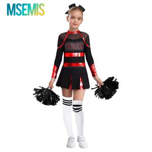 키즈 소녀 치어 리더 의상 뮤지컬 치어 리더 유니폼 학교 소녀 윤기 나는 라인 석 메탈릭 긴 소매 Pleated 드레스