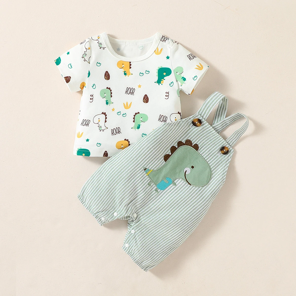 2PCS 아기 소년 여름 짧은 소매 만화 동물 멜빵 정장 신생아-6M 캐주얼 데일리웨어
