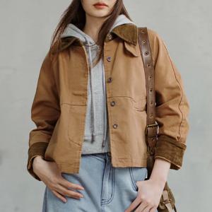 마덴 여성용 레트로 카키 코듀로이 칼라 바른 재킷 헤비웨이트 캔버스 아우터웨어 루즈핏 캐주얼 코트 가을용 상의