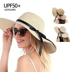 파나마 간단한 여름 해변 모자 캐주얼 여성 플랫 브림 Bowknot 밀짚 모자 소녀 플로피 썬 블록 UV 보호 모자 야외 여행